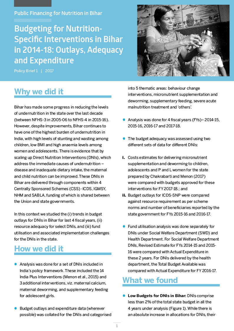 Budgeting for Nutrition-Specific Interventions in Bihar Outlays, Adequacy and Expenditure